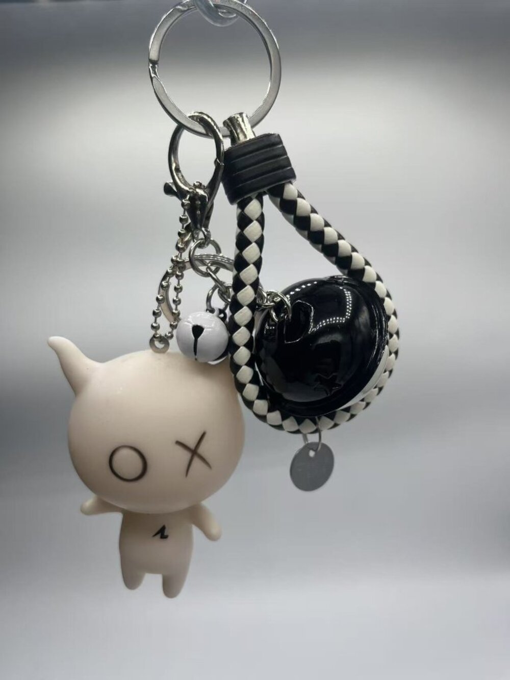 Cute Black & White Braided Keychain with Bell & Character Charm